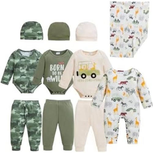 Renotemy Newborn Baby Boy Clothes Essentials 11-Piece Layette Set with Bodysuits, Pants, Hats, Blanket-Infant Unisex Outfit