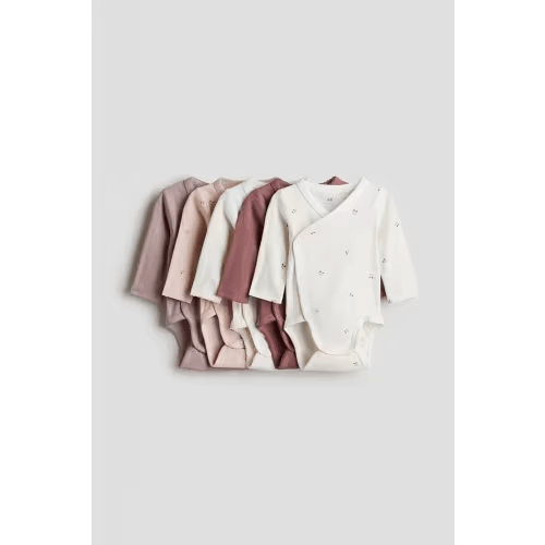 5-pack Wrapover Bodysuits, Pink/Cherries, NB