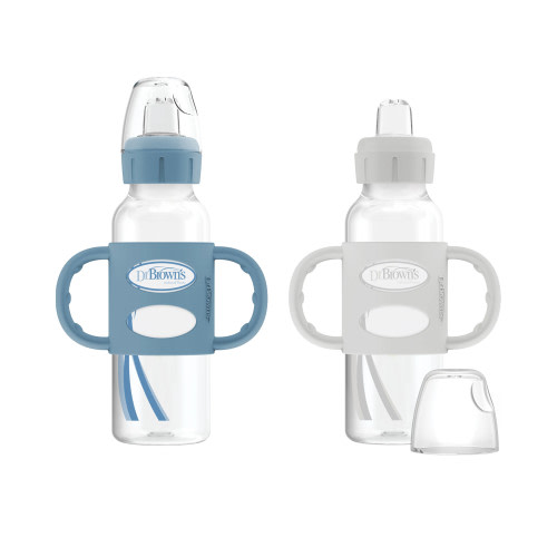 Dr. Brown's Milestones Narrow Sippy Spout Bottle with 100% Silicone Handles, 8oz/250ml, 6m+, Light Blue & Gray, BPA Free, 2 Pack