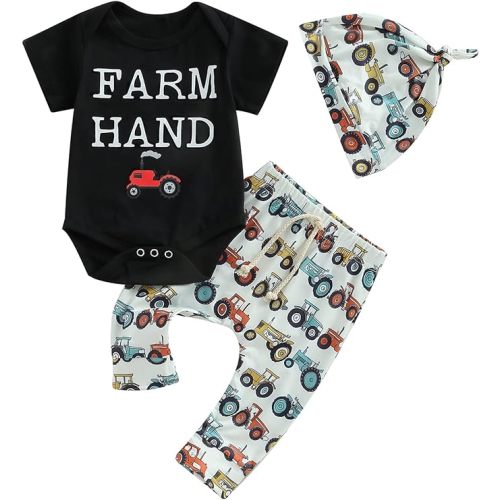 Twopumpkin Infant Baby Boy Farm Letter Bodysuit Romper and Long Pants Newborn Coming Home Outfit Cute Clothes Sets with Hat