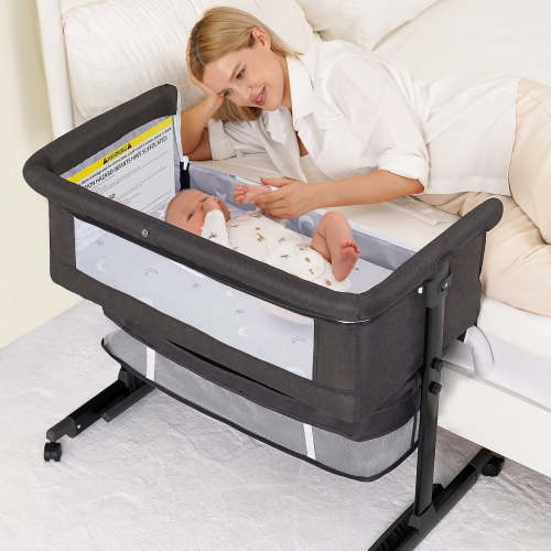 kmaier Baby Bassinet Bedside Crib Foldable Portable with Adjustable Height, Wheels and Storage Basket,Dark Gray