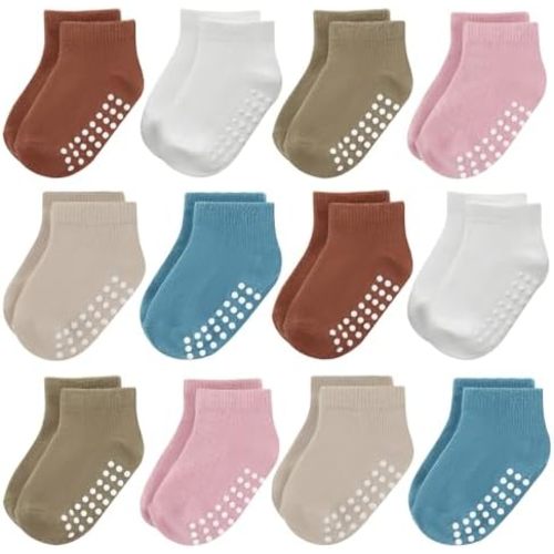 JAKIDAR 12 Pair Baby Toddler Socks Non-Slip Grip Cotton Ankle Socks for Boys Girls Non Skid Soles for Infants Kids