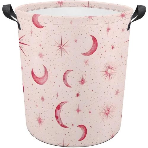 Pink Star Moon Pattern Laundry Basket, Foldable Waterproof Laundry Hamper with Handles Dirty Clothes Storage Bin Toy Organizer for Bathroom/Bedroom 17.3''x13.8''
