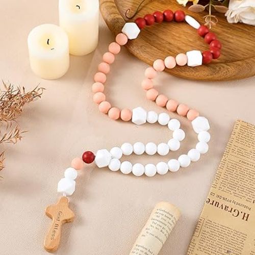 Misdary Baby Rosary Baptism Gift Silicone God Bless Kids First Rosary with Cross 1st Year Baptism Party Supply for Baby Shower Christian Communion Gifts(Dark Pink,Square)