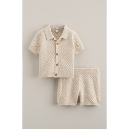 Short Sleeve Knit Button-Up Shirt & Shorts Set, 3M