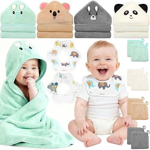 14 Pcs Baby Towels Washcloths and Baby Bibs Set, 4 Pcs 32x32 Hooded Bath Towel, 8 Pcs Baby Washcloths and 2 Pcs Cotton Baby Bibs for Newborns, Toddlers and Kids, Soft Baby Towel Set for Boys and Girls