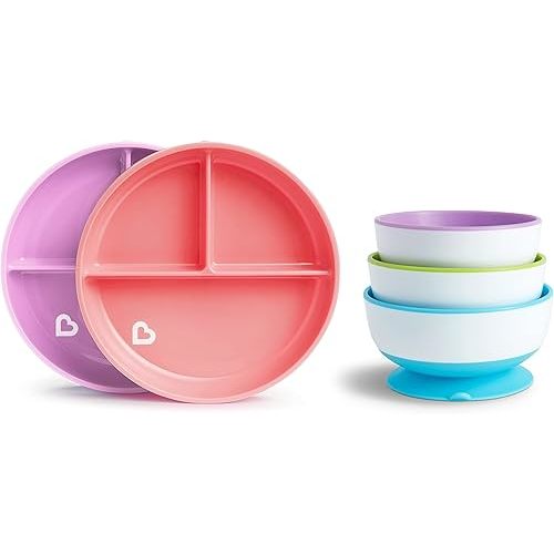Munchkin Stay Put Bowls and Divided Plates for Baby and Toddler, 5 Pack, Blue/Green/Purple/Pink