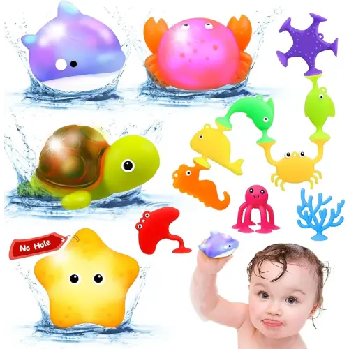 Baby Bath Toys for Kids Ages 1-3,Mold Free Silicone Suction Cup Toys for Toddlers 2-4,No Hole Light Up Ocean Animal Bathtub Sensory Toys for Babies 6-12 Months,Whale Floating Toy Gifts for Boys Girls