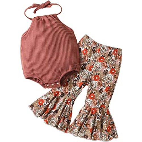 Boho Baby Girl Clothes Summer Sleeveless Backless Halter Tops Bell Bottoms Pants Outfit Toddler 2Pcs Flares Set (Watermelon Red Romper & Floral Pants, 18-24 Months)