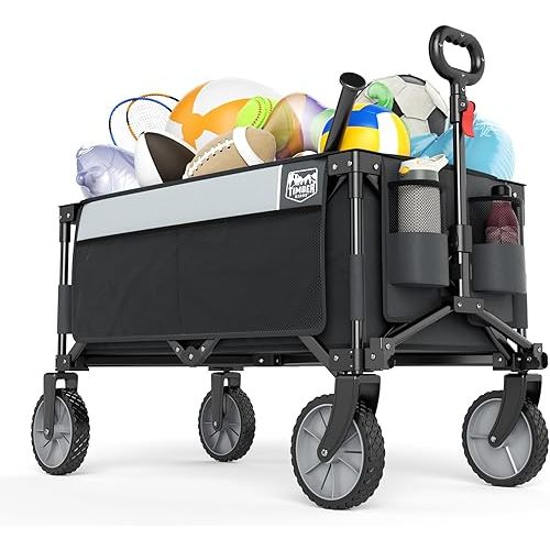 TIMBER RIDGE Collapsible Outdoor Folding Wagon Cart Heavy Duty Camping Patio Shopping Garden Cart with Side Bag Cup Holder, Grey
