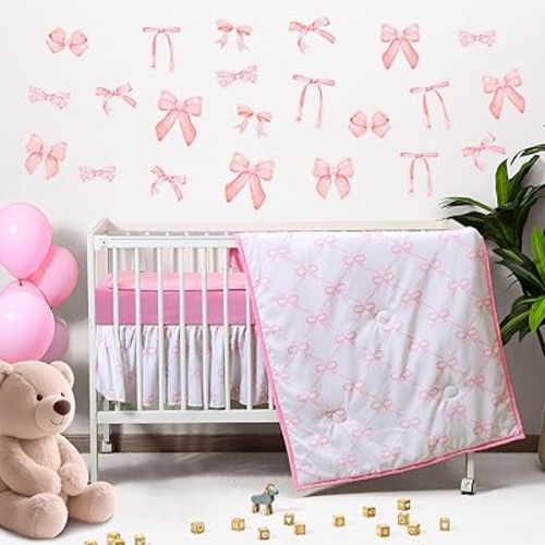 5 Pcs Pink Bow Crib Bedding Set Include Print Crib Sheets Bed Skirt Comforter Pad Cover Wall Stickers for Girls Princess Nursery Room Decoration