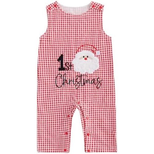 KMBANGI Baby Boy Girl Christmas Overall Romper Plaid Sleeveless Santa Clause/Tree Print Jumpsuit One-piece Outfit Fall Winter