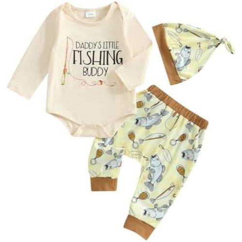 GOOCHEER Newborn Baby Boy Clothes Fishing Long Sleeve Romper Shirt Tops Pants Spring Fall Outfits Hat Set