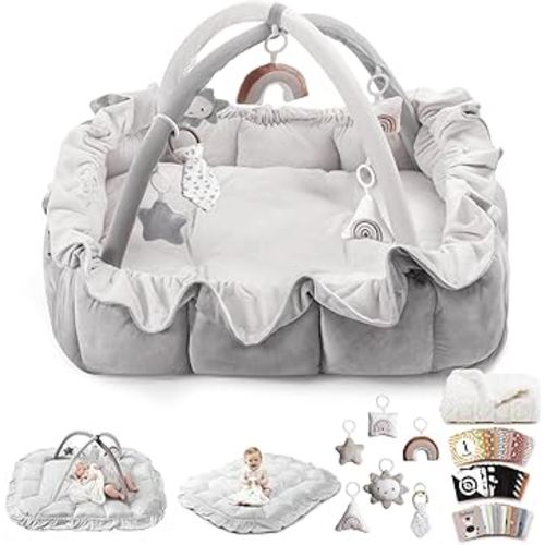 5-in-1 Convertible Baby Play Gym, Baby Play Mats for Floor, Tummy Time Mat with Blanket and 6 Sensory Toys, Baby Activity Center from Newborn to Toddler, Ball Pit, Plush Pet Bed(Grey)