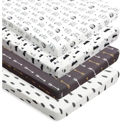 4 Pack N Play Sheets Woodland Forest Animals Wood Neutral Unisex Fitted Baby N Play Sheets Fitted for Standard Pack and Plays and Mini Cribs Set for Baby Boys or Girls