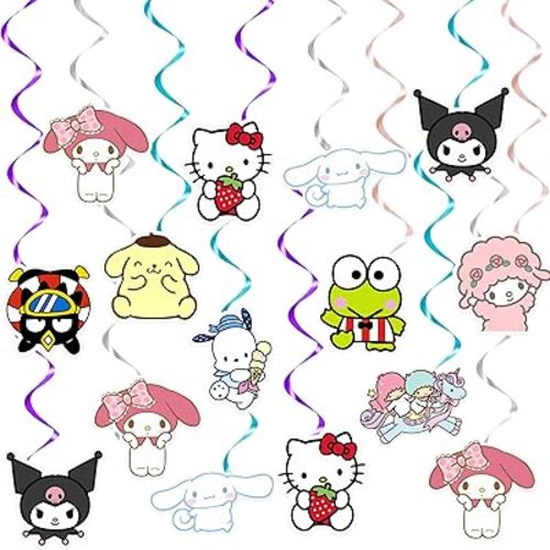 20Pcs Kawaii Cartoon Anime Hanging Swirls Colorful Kitty Melody Cinnamon Characters Paper Cutouts Ceiling Streamers Cute Birthday Party Celebration Decoration Supplies for Home Office School Classroom