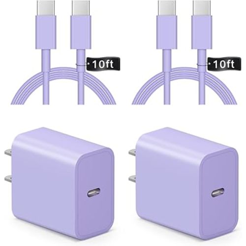 iPhone 17 16 15 Charger Fast Charging 10FT - 2 Pack 20W USB C Charger Block with Type C Cable Compatible with iPhone 17/17 Pro/17 Pro Max/Air/16/16e/15, iPad Pro, Air M3/M2/5/4, 11th/10th（Purple）