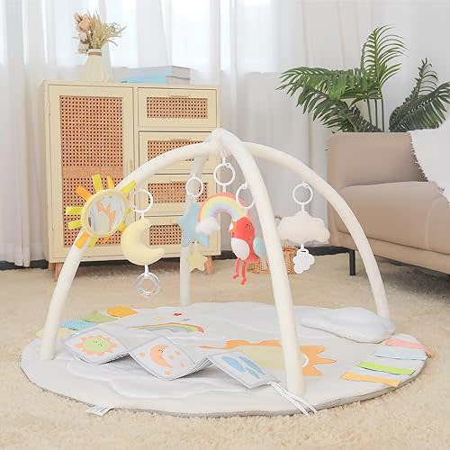 Baby Play Gym & Activity Mat with 6 Removable Hanging Toys,Promote Motor Skills & Sensory Development Mat， Tummy Time Mat Easy to Install & Clean