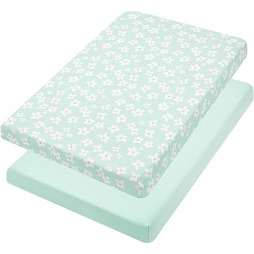 TILLYOU Mini Crib Fitted Sheets - Soft Knit Sheet for Pack N Play, Microfiber Mini Crib Sheets, Playpen Bedding Sheet for Baby 2 Pack, Machine Washable, 38'' x 24'', Fresh Flowers and Light Green