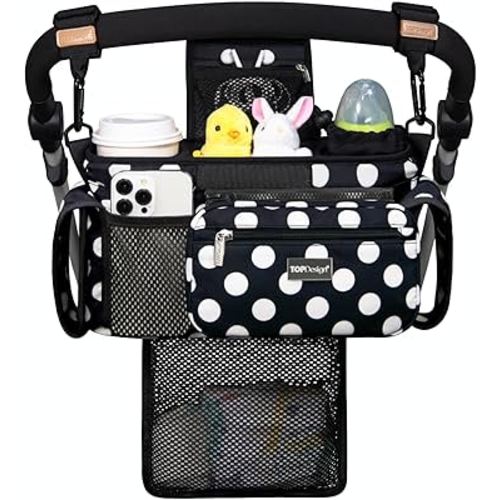 TOPDesign Universal Baby Stroller Organizer, Stroller Caddy with Detachable Mesh Bag & Heightened Insulated Cup Holders & Non-Slip Secure Hooks Accessories, Fits Most Strollers (Polka Dots)