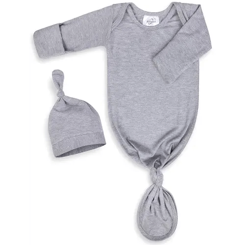 Newborn Knotted Baby Gown 0-6 Months, Super Soft Breathable Nightgowns for Babies Girl and Boy, Baby Girls Coming Home Hospital Outfit with Hat Set Grey