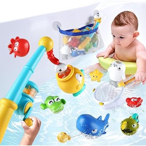 Bath Toys for Kids Ages 1-3, Magnetic Fishing Toys with Storage Bag and Light up Star, Wind Up Creatures Baby Bathtub Birthday Gifts for Toddlers 2-4 Boys Girls, 11 Pcs Set