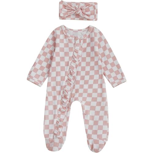 Karuedoo Newborn Baby Girl Clothes Checkered Ruffle Long Sleeve Zipper Footie Romper One-Piece Footed Jumpsuit Sleeper