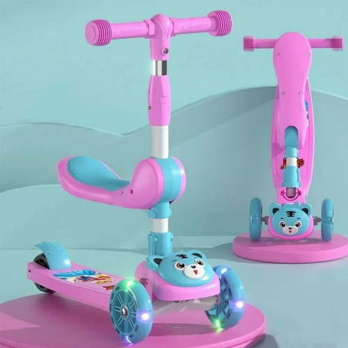 Eotvia Kids Scooter with LED Lighted Wheels, 3 Adjustable Height Handlebars and Foldable Seat - Sit or Stand Ride, Lean-to-Steer & Widen Anti-Slip Deck, Scooters for Kids 3 YO & up, Pink