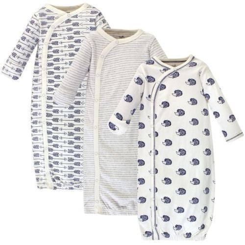 Touched by Nature Baby Organic Cotton Side-Closure Snap Long-Sleeve Gowns 3pk, Hedgehog, 0-6 Months