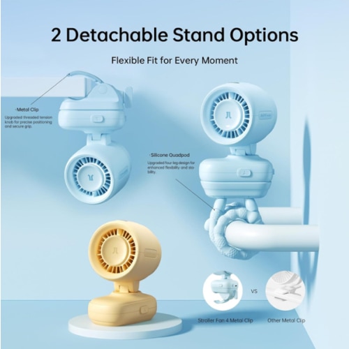 JISULIFE 2026 Stroller Fan – Small & Stylish with 38H Cooling, Soft Night Light, One‑Click Detachable for Stroller or Desk, Safe Baby Fan for Crib Car Seat Nursery Travel, Gifts for Baby Mom (Blue)