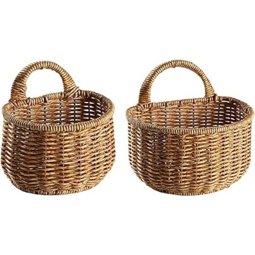 2 Wall Hanging Baskets Storage Basket Organizer For Flowers,Plants,Woven Baskets For Kitchen Bedroom Living Room Home Décor,Portable Wall Hanging Flower Basket Organizer Fruit Vegetable Rattan Box