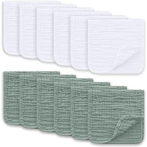 Ease Cubs Muslin Burp Cloths Large 100% Cotton Hand Washcloths for Boys & Girls, Baby Essentials Extra Absorbent and Soft Burping Rags for Newborn Registry (White & Green, 12-Pack, 20" X10")