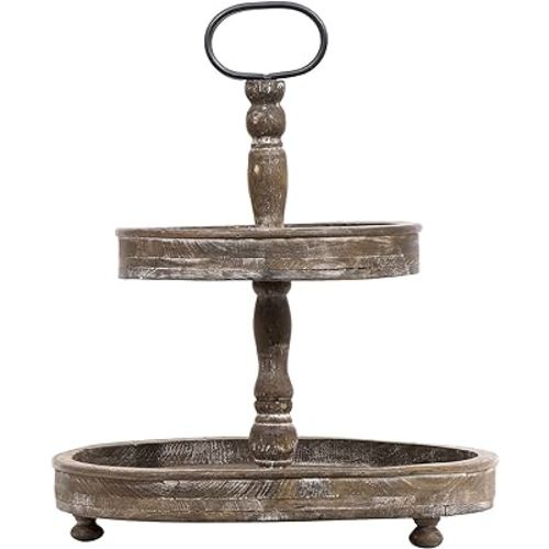 Distressed Brown Wood 2-Tier Tray with Metal Handle