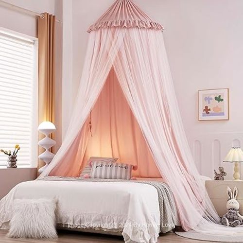 Double Layers Bed Canopy with Star Lights, 3 Pieces Layers Canopy for Girls Bed, Princess Round Dome Dreamy Play Tent, Hanging Kids Reading Nook Mosquito Net, Machine Washable - Light Pink