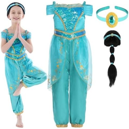 Webeasy Princess Costumes for Girls, Fancy Princess Costume with Wig Deluxe Girls Fancy Dress for Party Cosplay Halloween