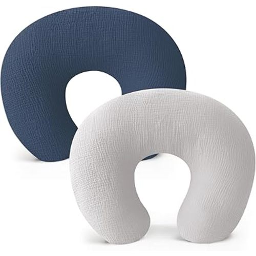 Konssy 2-Pack Muslin Nursing Pillow Covers, Soft & Adorable Nursing Covers for Breastfeeding Pillows, Slipcovers for Newborn Boys & Girls(Navy, Grey)