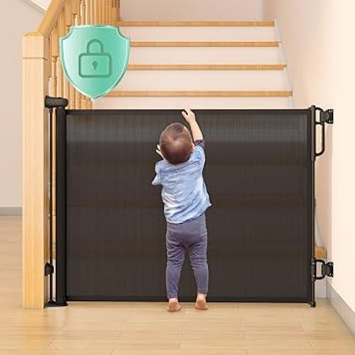 Momcozy Auto Lock Retractable Baby Gate, Safety Gate for Baby and Pet, 33” Tall, Extends to 55” Wide, Mesh Safety Dog Gate for Stairs, Indoor, Outdoor, Doorways, Hallways