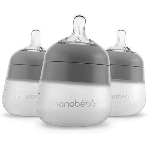 Nanobébé Flexy Silicone Baby Bottle, Anti-Colic, Natural Feel, Non-Collapsing Nipple, Non-Tip Stable Base, Easy to Clean 3-Pack, Gray, 5 oz