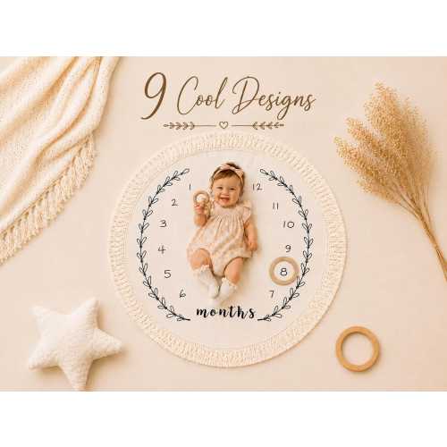 Baby Milestone Blanket, Monthly Growth Chart Mat, Neutral Round Fringe Newborn Photo Prop, Boho First Year Baby Gift