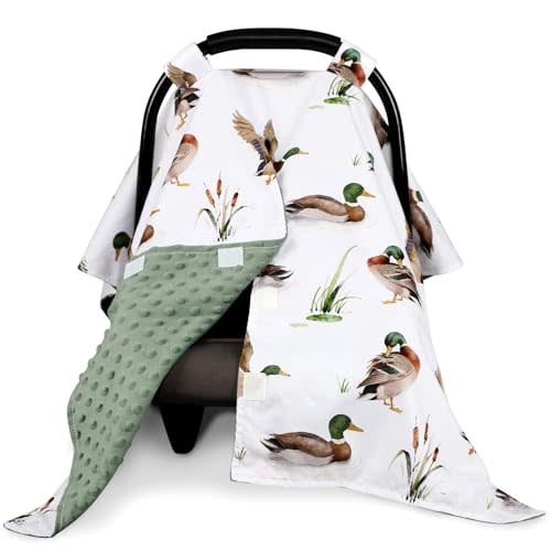 Green Car Seat Cover Baby Boy, Peekaboo Infant Car Seat Cover Summer, Multi-Use Newborn Carseat Canopy, Nursing Cover, Blanket, Mallard Duck