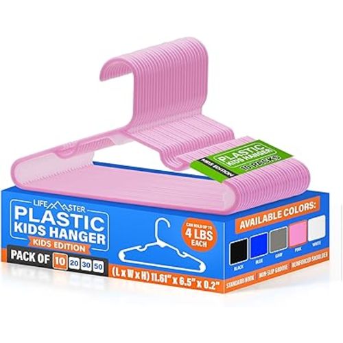 Plastic Kids Clothes Hangers – Children Clothes Hanger with Shoulder Notch, 11.6 Inch Space-Saving Closet Organizer for Baby, Toddler, and Kids Clothing, Hold Up to 4 lbs, Pack of 10, Pink