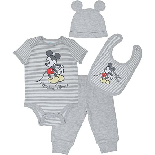 Disney Mickey Mouse 4 Piece Outfit Set: Bodysuit Pants Bib Hat