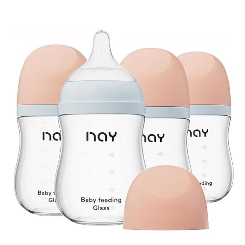 Natural Glass Baby Bottle Wide Neck, Anti-Colic Baby Bottle, Clear, 5.4oz(Pack of 4), Includes 4Pcs Slow Flow Nipple(S), 1 Months+