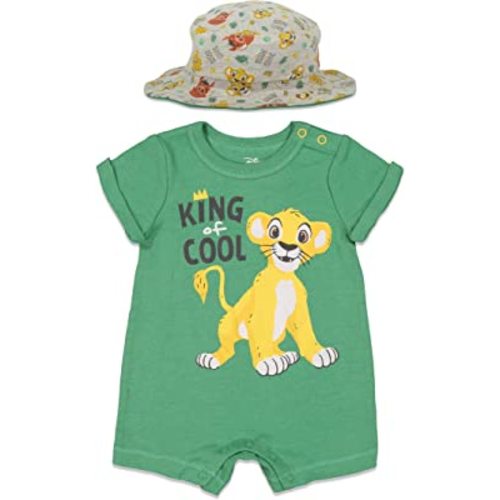 Disney Lion King Mickey Mouse Winnie the Pooh Jack Skellington Lilo & Stitch Baby Romper & Bucket Sun Hat Newborn to Infant