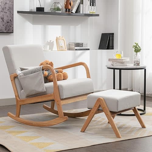 Nursery Rocking Chairs with Ottoman,Rocker Chair Glider Chair for Nursery,Modern Mid Century Living Room Chair Nursing Comfy Chairs for Mom Seniors, Light Gray