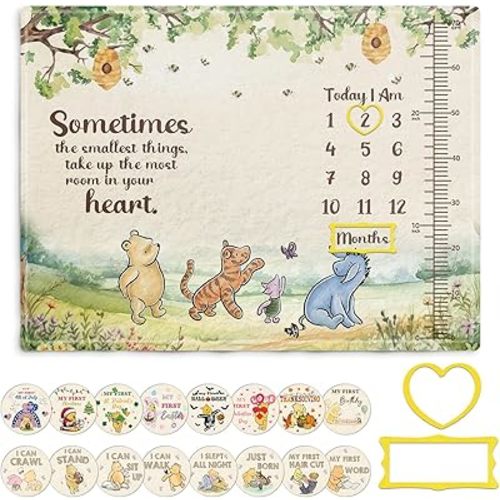 The Pooh Baby Monthly Milestone Blanket, Winnie Monthly Blanket Growth Chart, Winnie Quotes Decor with Double-Sided Printed Cardstock（16 Unforgettable Moments of Babies） 30 * 40in