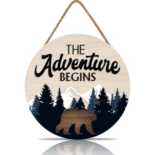 TOARTi The Adventure Begins Wooden Hanging Sign,Woodland Nursery Decor,Bear Mountain Inspirational Quotes Wooden Plank Sign for Home Cabin Decor,Forest Camping Sign for Camper Decor (12”X 12”)