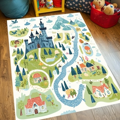 Fairy Tale Map Rug, Castle Town Kids Rug, Playroom Area Rug, Adventure Carpet For Children, Washable Rug, Non Slip Rug