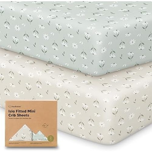Pack and Play Sheets Fitted - 2-Pack Mini Crib Sheets for Pack N Play Mattress, Soft & Cozy, Neutral Toddler Playard Bedding, Snug Fitted Mini Baby Crib Mattress Cover Set for Boys, Girls (Daisies)