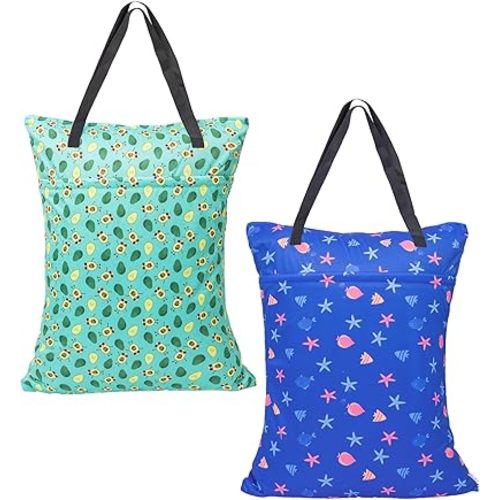 ALVABABY 2 Pack Large Wet Dry Bag Waterproof Hanging Cloth Diaper with Double Zippered Pockets 25x18 inches (Avocados and starfish)